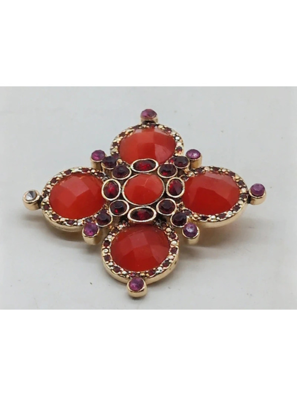 Vintage Monet Gold Tone Red Cabochon Rhinestone Maltese Cross Brooch Pin